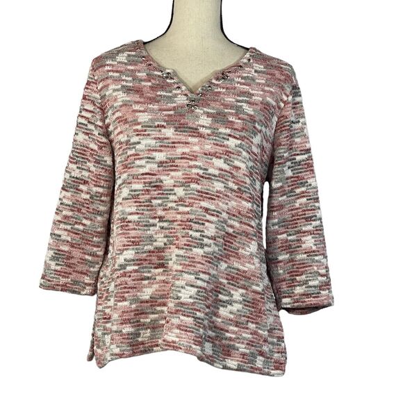 Alfred Dunner Medium Sweater Embellished 3/4 Sleeve Stretch V-Neck Pink Multi - Picture 1 of 8